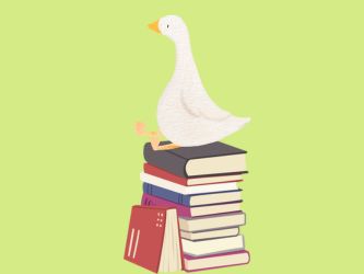 Decorative image of a goose sitting on books